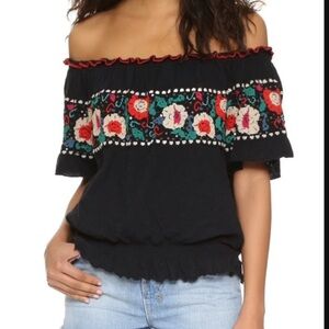 Free People Black Barcelona Off The Shoulder Embroidered Prairie Top S